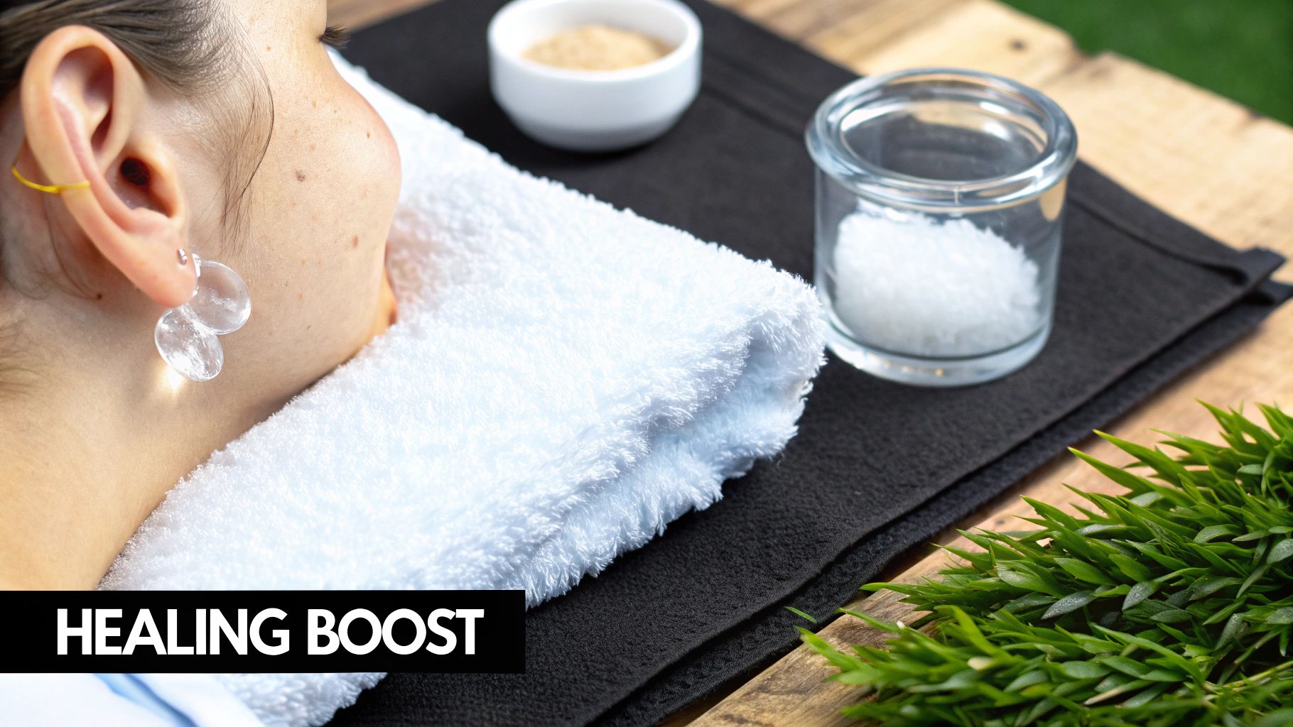 Close-up of a person resting on a white towel, with sea salt, and natural elements for a spa treatment.
