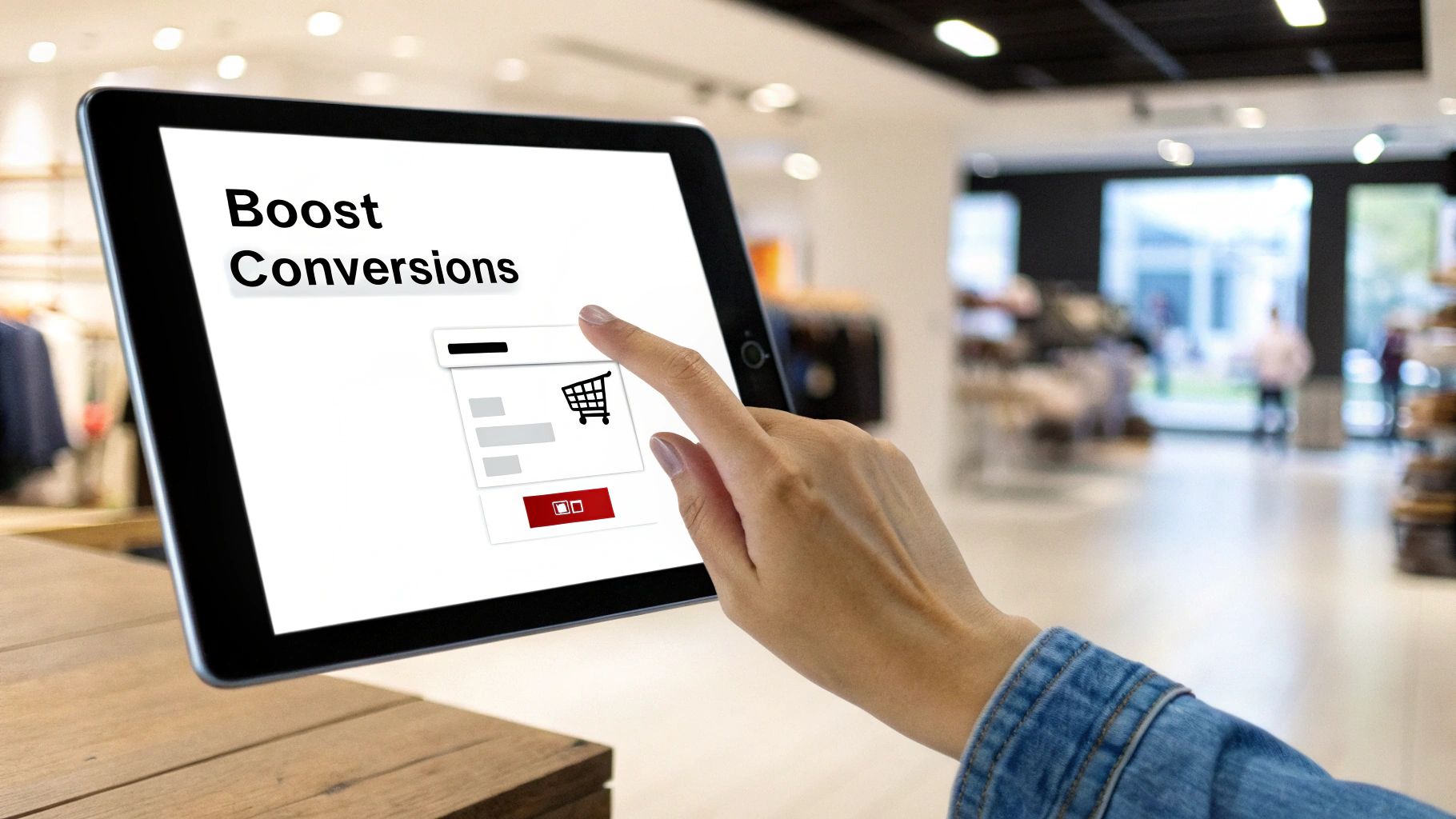 Hand tapping a tablet displaying 'Boost Conversions' and a shopping cart icon within a modern store.