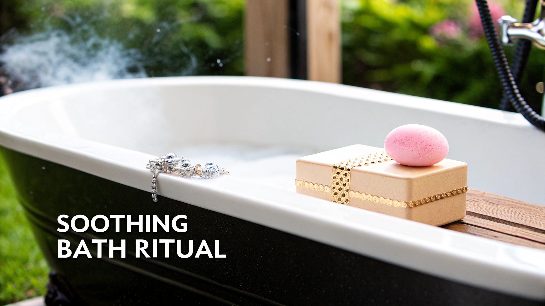 A relaxing bath setup with a pink bath bomb, gold box, and silver bracelet on a black and white tub.