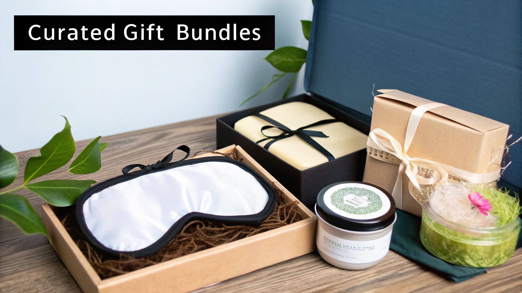 A collection of curated gift bundles featuring a sleep mask, wrapped boxes, a candle, and bath items.