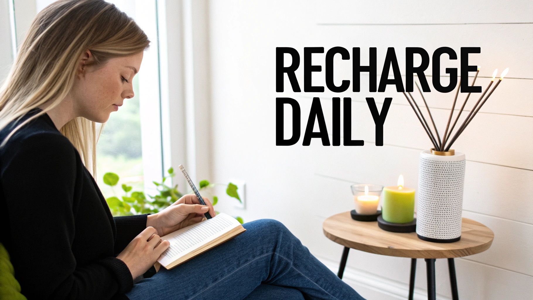 A woman journaling in a relaxed setting with candles and a diffuser, with text 'Recharge Daily' on the wall.