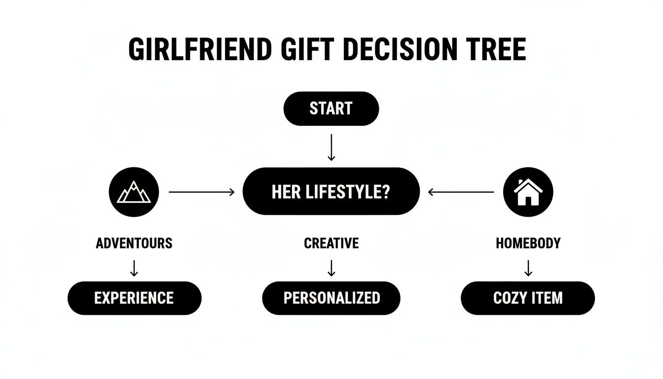 A girlfriend gift decision tree flowchart suggesting gifts based on her lifestyle.