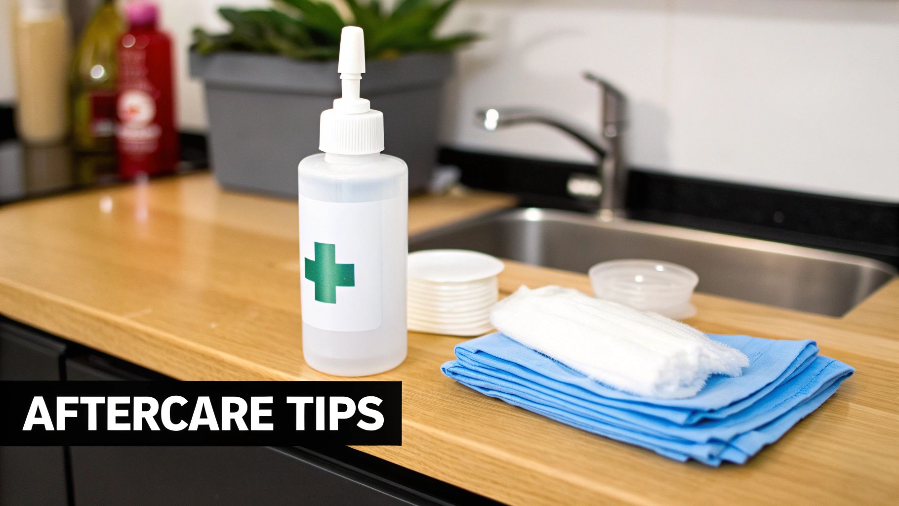 Antiseptic bottle, cotton pads, and sterile wipes on a counter for aftercare.