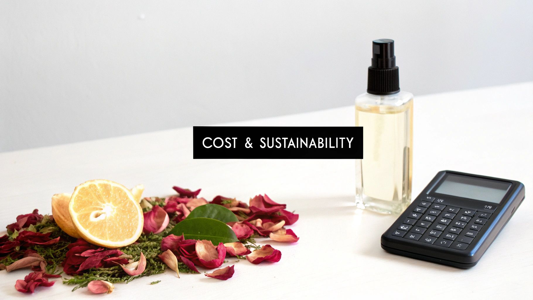 Natural ingredients like lemon and rose petals, a spray bottle, and a calculator, highlighting cost and sustainability.