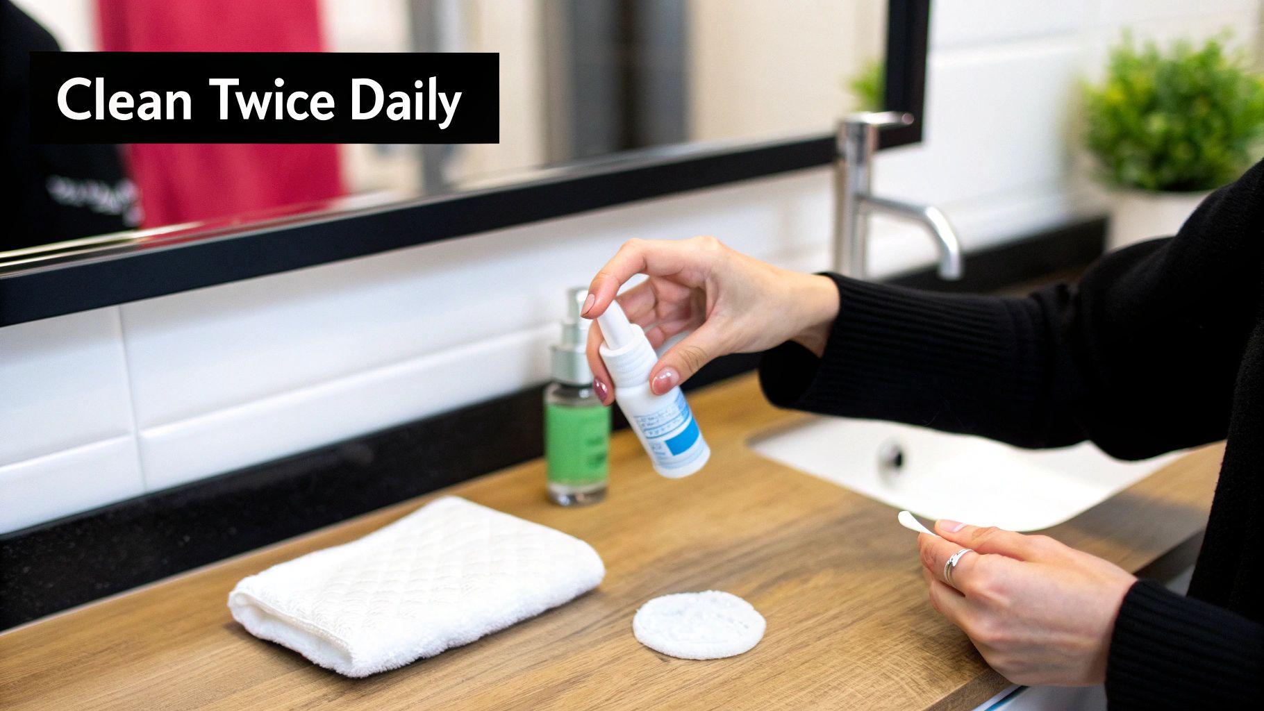 A person holding a skincare bottle and cotton swab, preparing for a daily cleansing routine.
