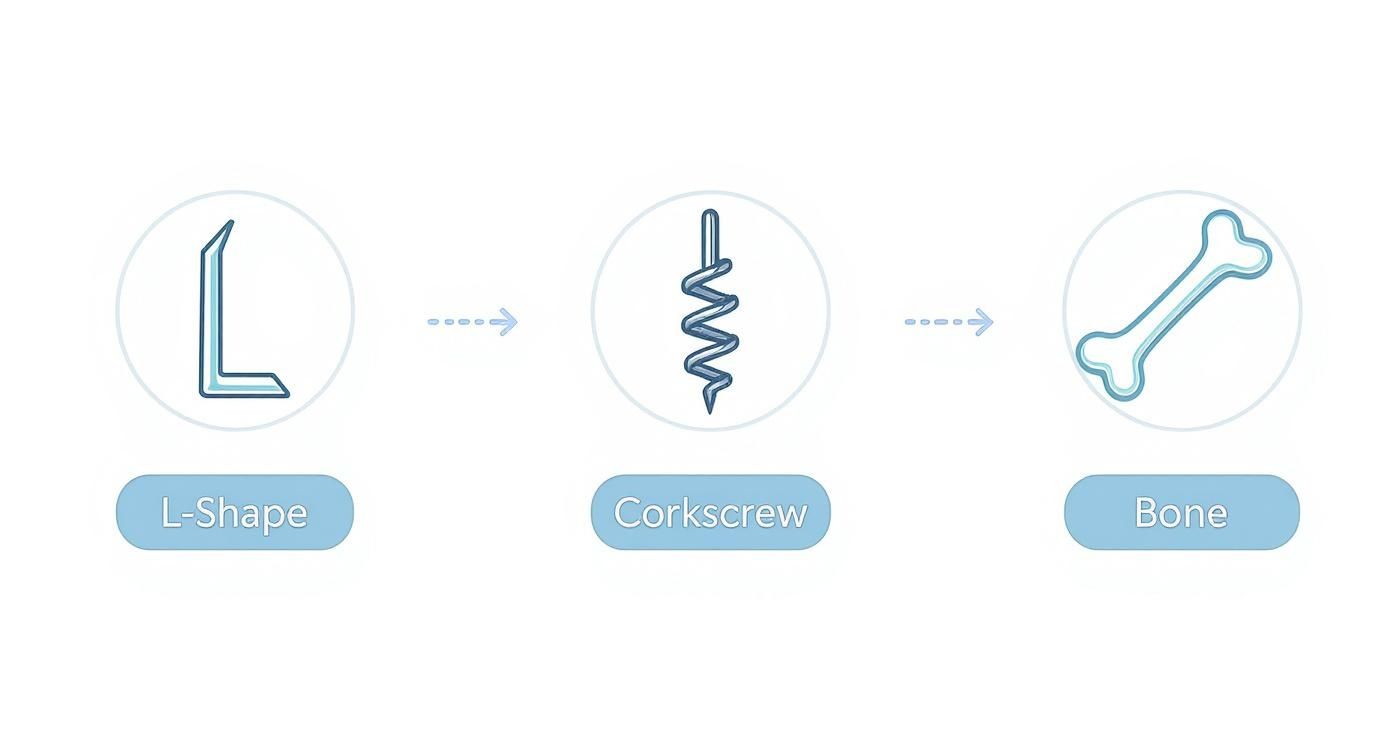 A sequential diagram illustrating three distinct shapes: L-shape, Corkscrew, and Bone, connected by arrows.