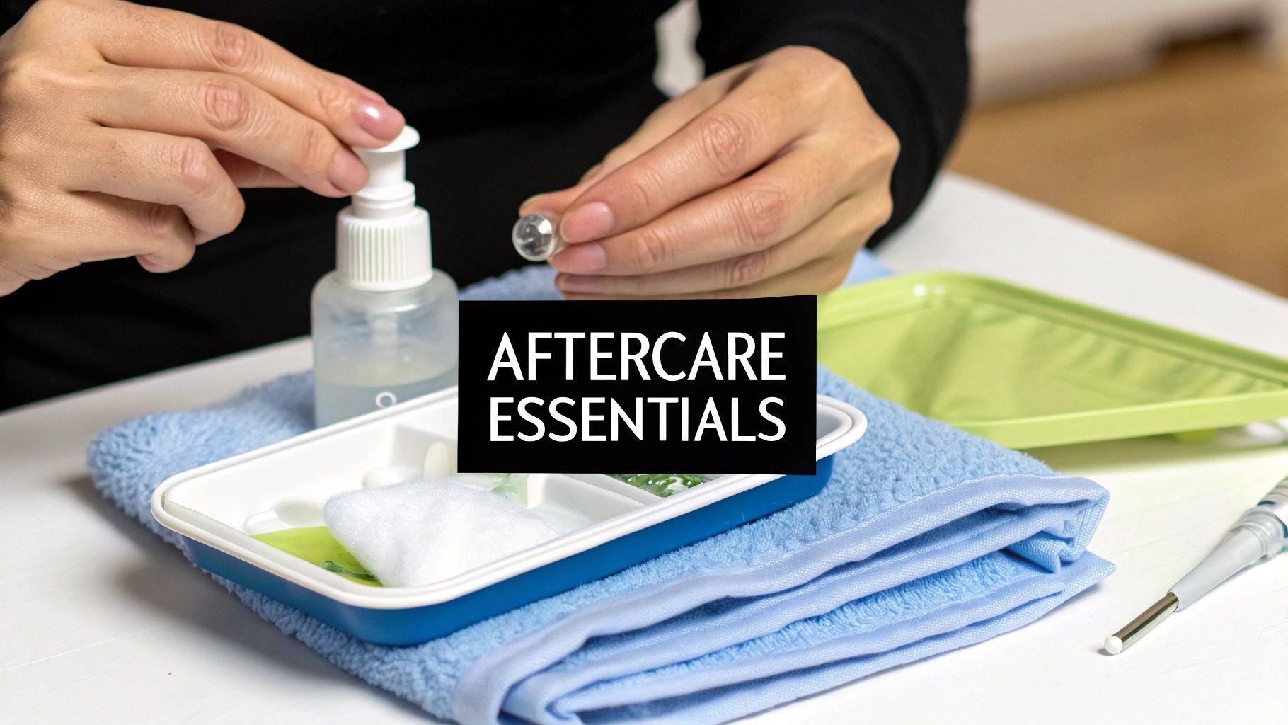 A person's hands preparing aftercare essentials, with a pump bottle, cotton, and piercing components on a towel.