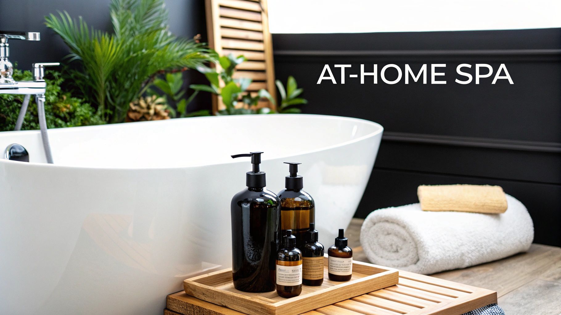 Woman relaxing in a luxurious bathtub surrounded by candles and bath products