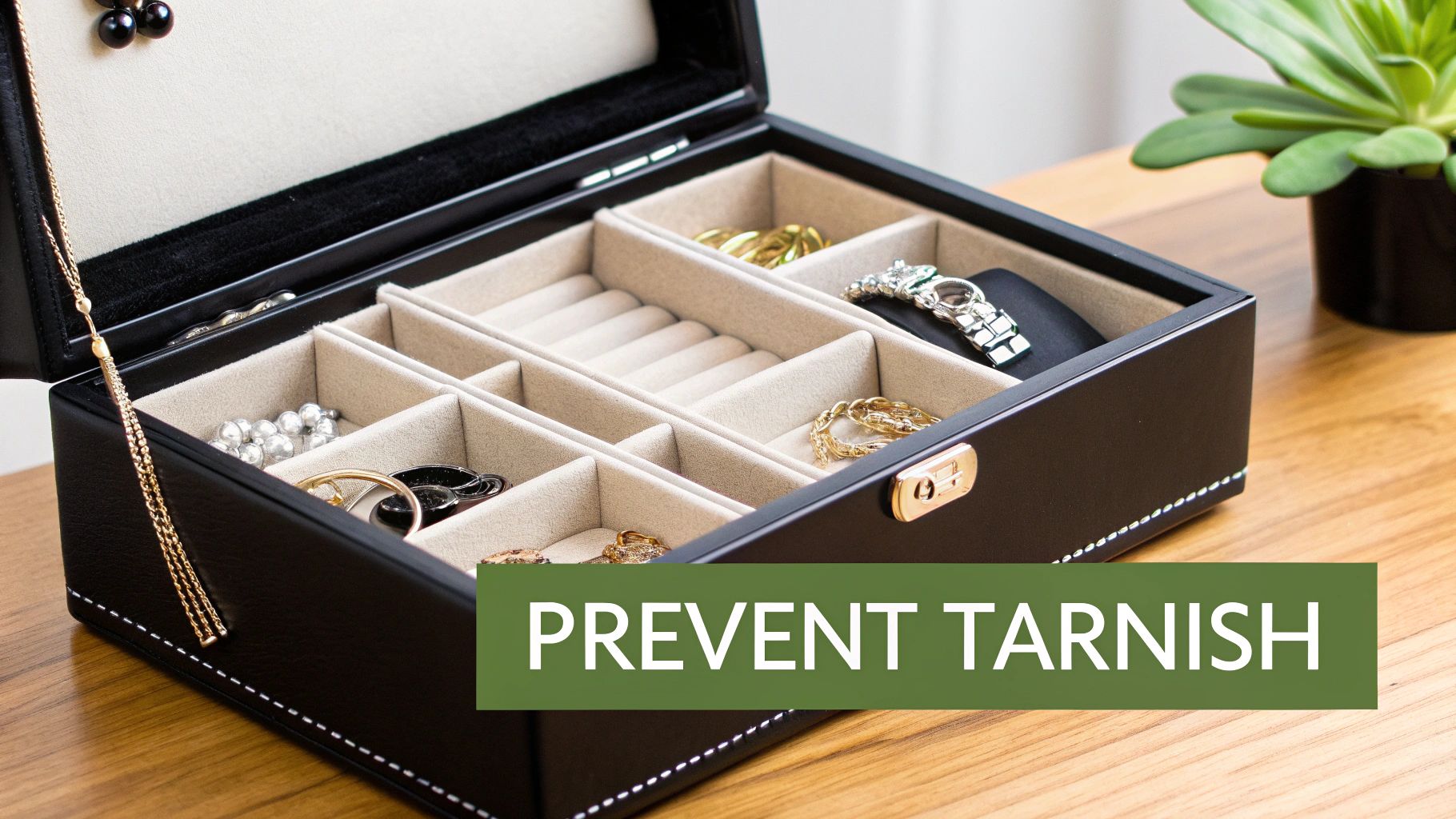 A well-organized jewelry box showing pieces stored separately.