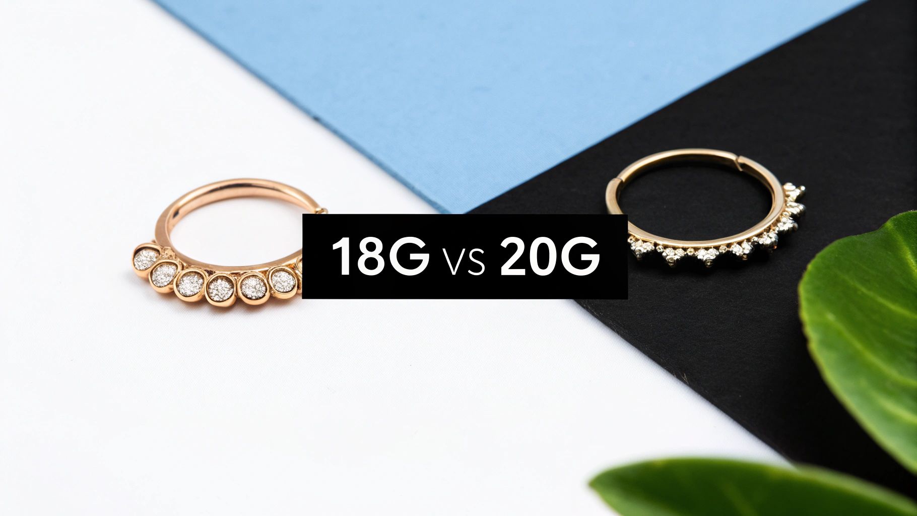 Two golden gemstone nose rings compared, illustrating 18G vs 20G piercing gauges.