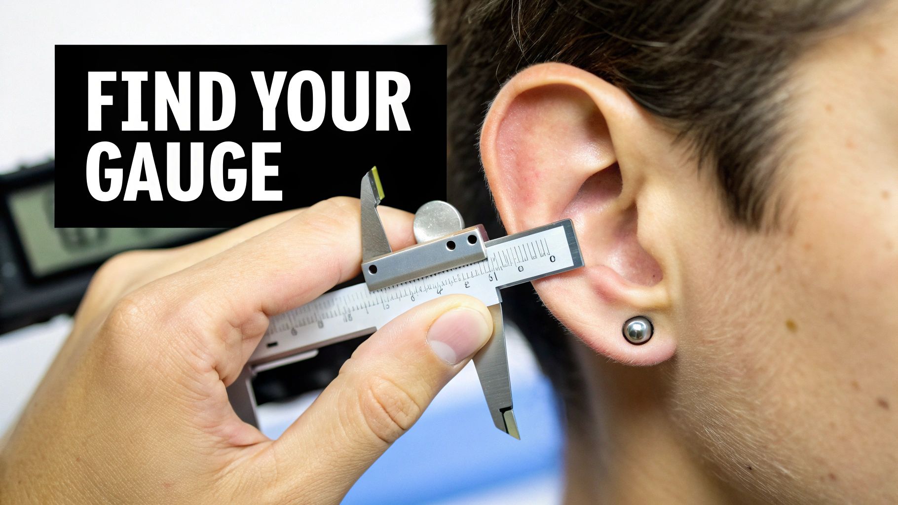 Woman looking at her ear piercings to determine the gauge size.