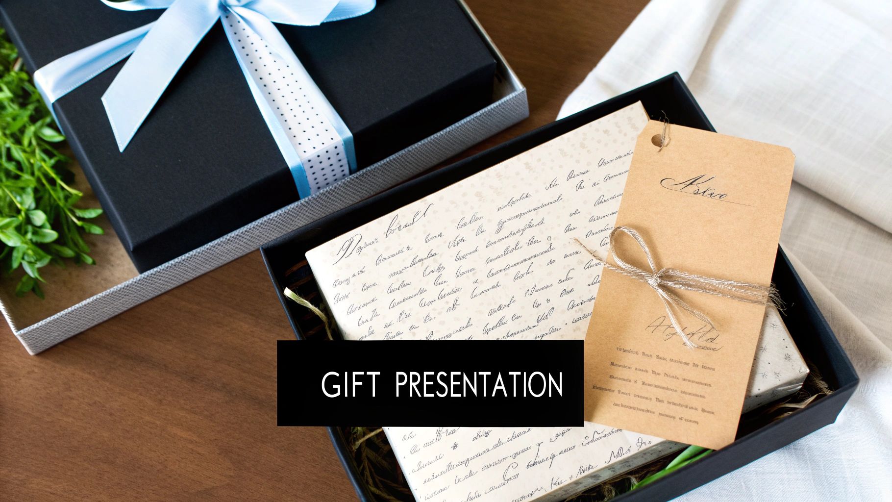 Elegant gift presentation featuring a black gift box with a blue ribbon, a handwritten letter, and a brown tag with twine.