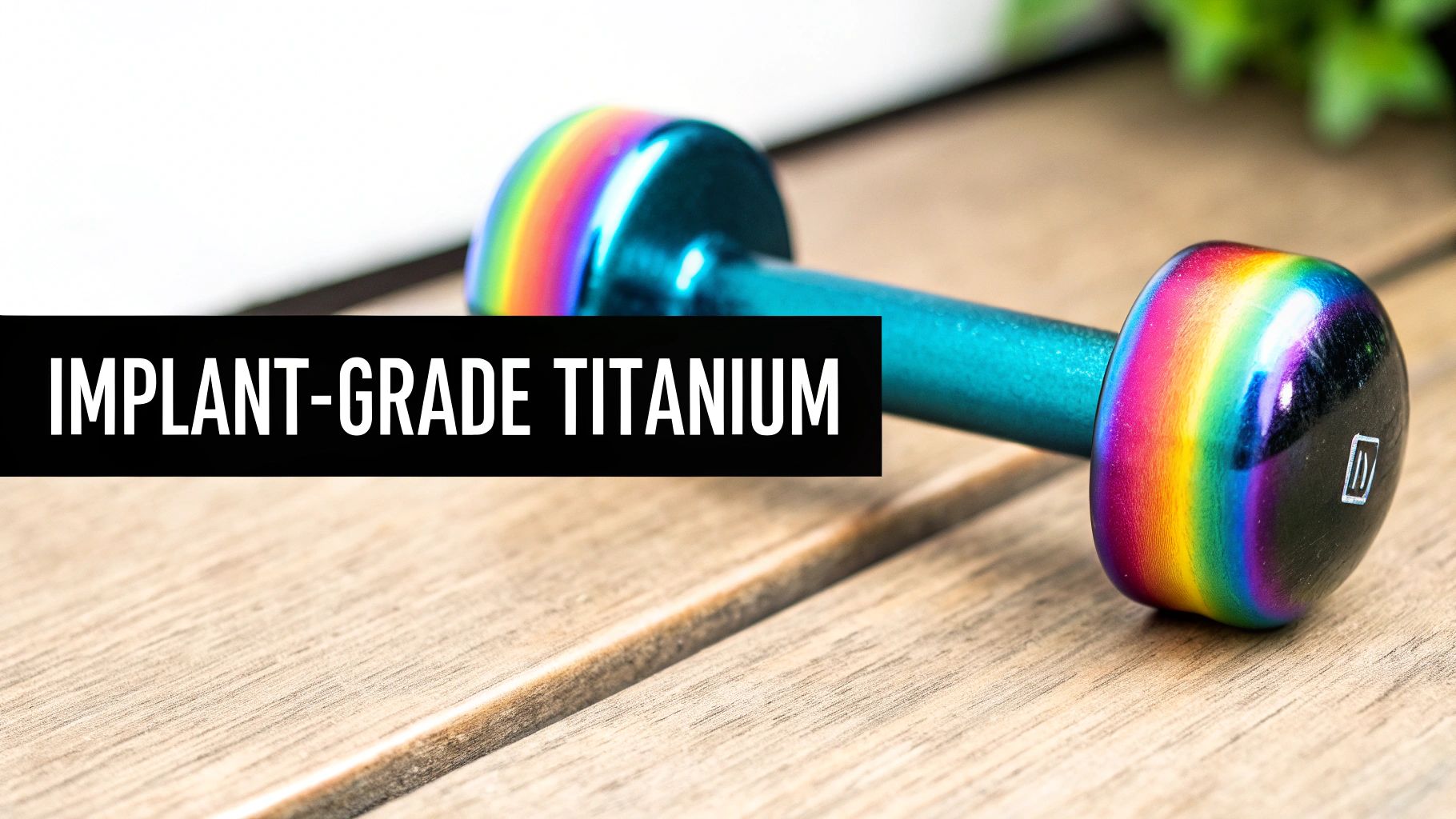 A small, colorful implant-grade titanium dumbbell with rainbow ends rests on a wooden table.