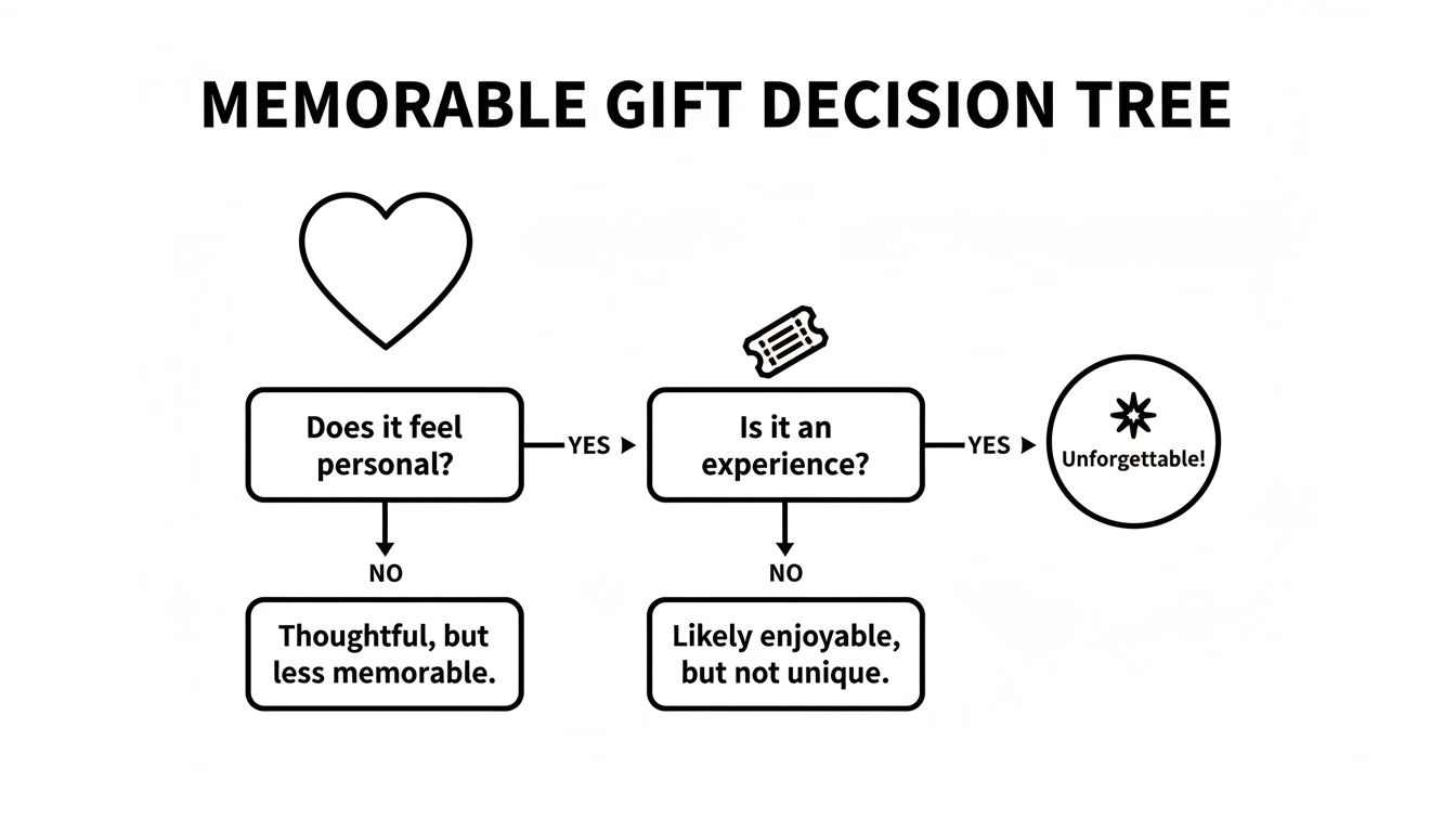 Flowchart titled 'Memorable Gift Decision Tree', guiding gift choices towards unforgettable experiences.