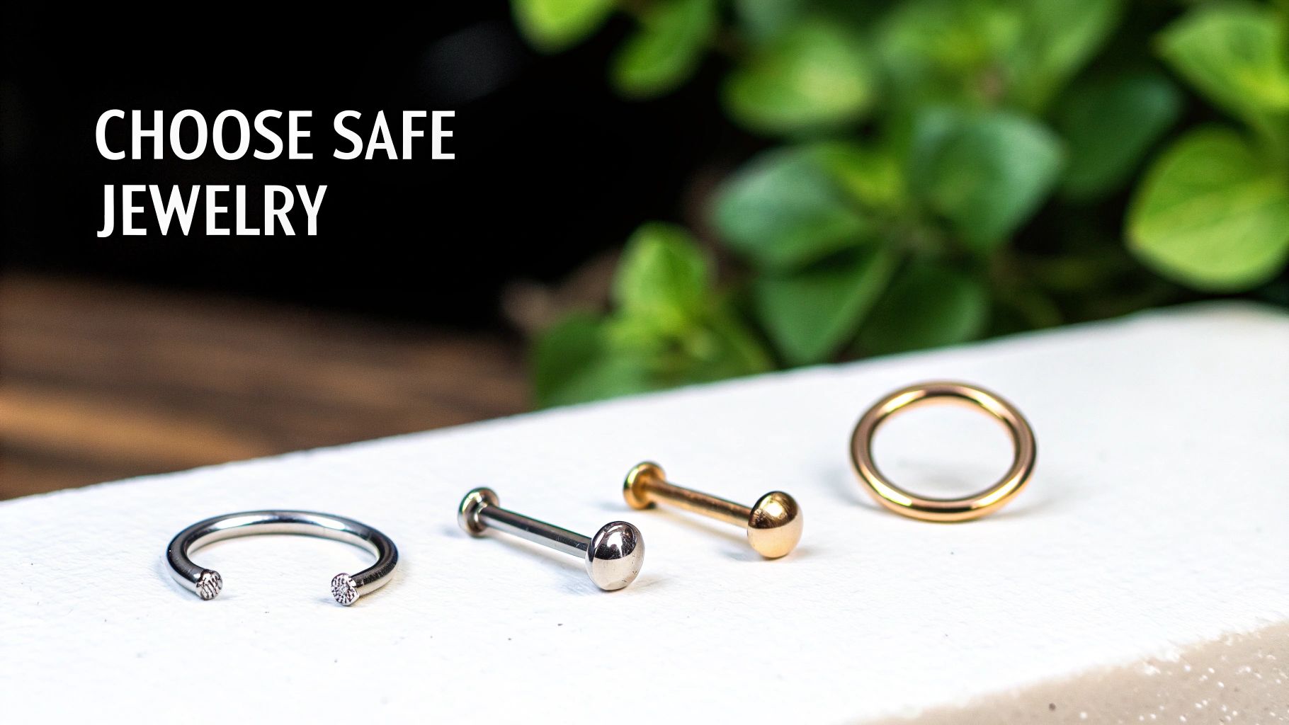 Various safe body jewelry pieces, including studs, hoops, and rings, displayed with 'CHOOSE SAFE JEWELRY' text.