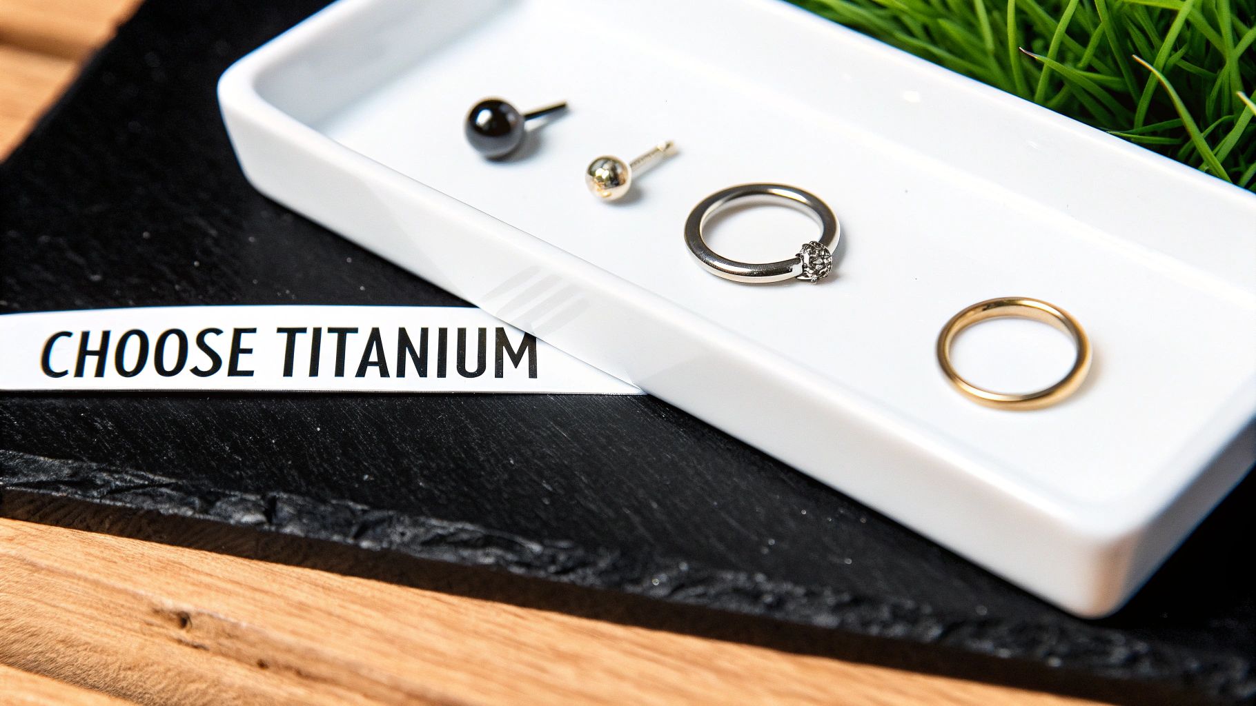 A white tray holds titanium jewelry: two studs, a silver ring, and a gold ring.