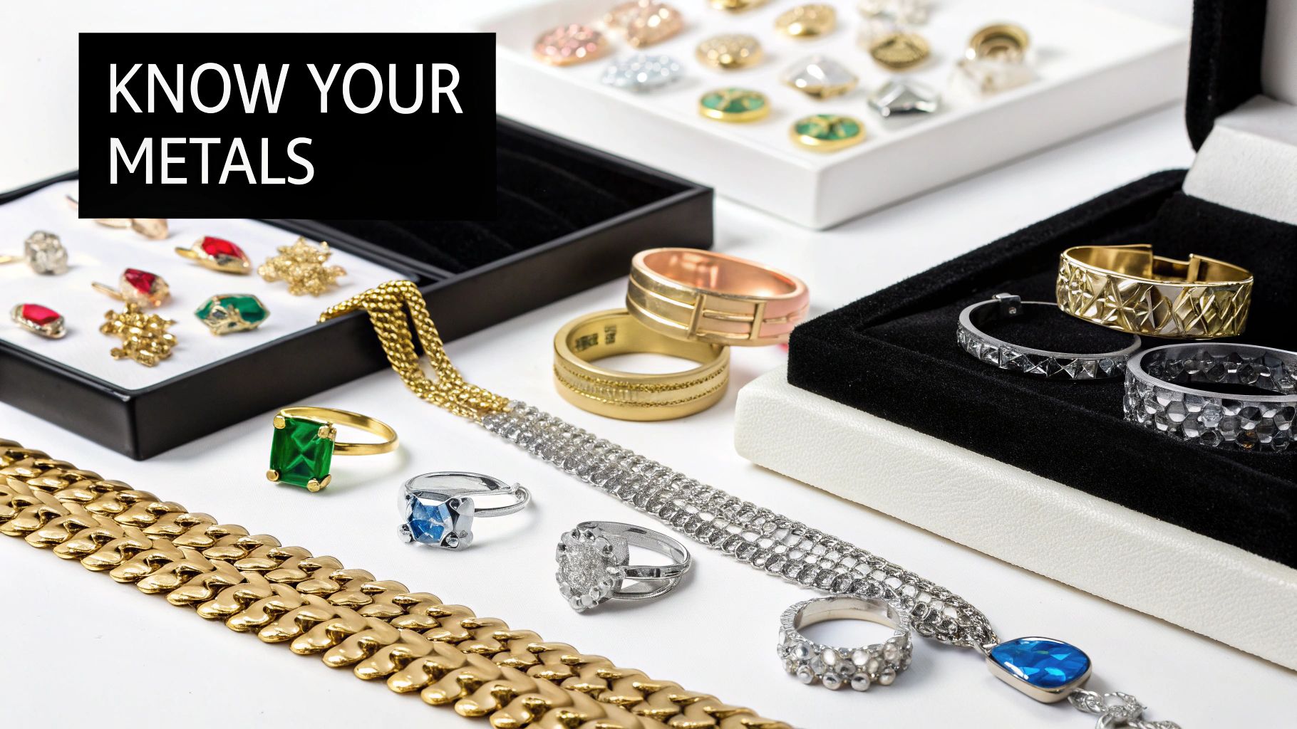 A collection of different piercing jewelry pieces in various metals and colors, artfully arranged.