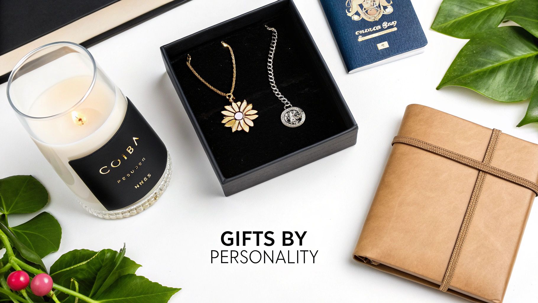 A flat lay of thoughtful gifts by personality, including a lit candle, jewelry, a notebook, and a journal.