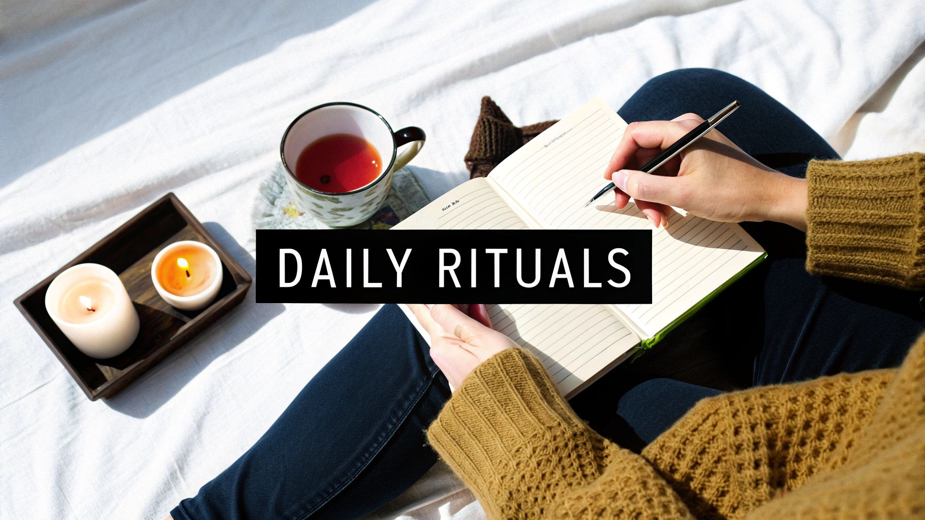 A person writing in a journal, with tea and lit candles nearby, symbolizing daily rituals and self-care.
