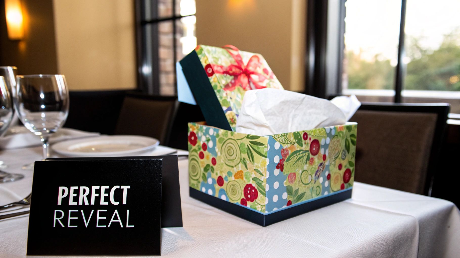 A beautifully wrapped gift box with a ribbon being untied by a woman's hands.
