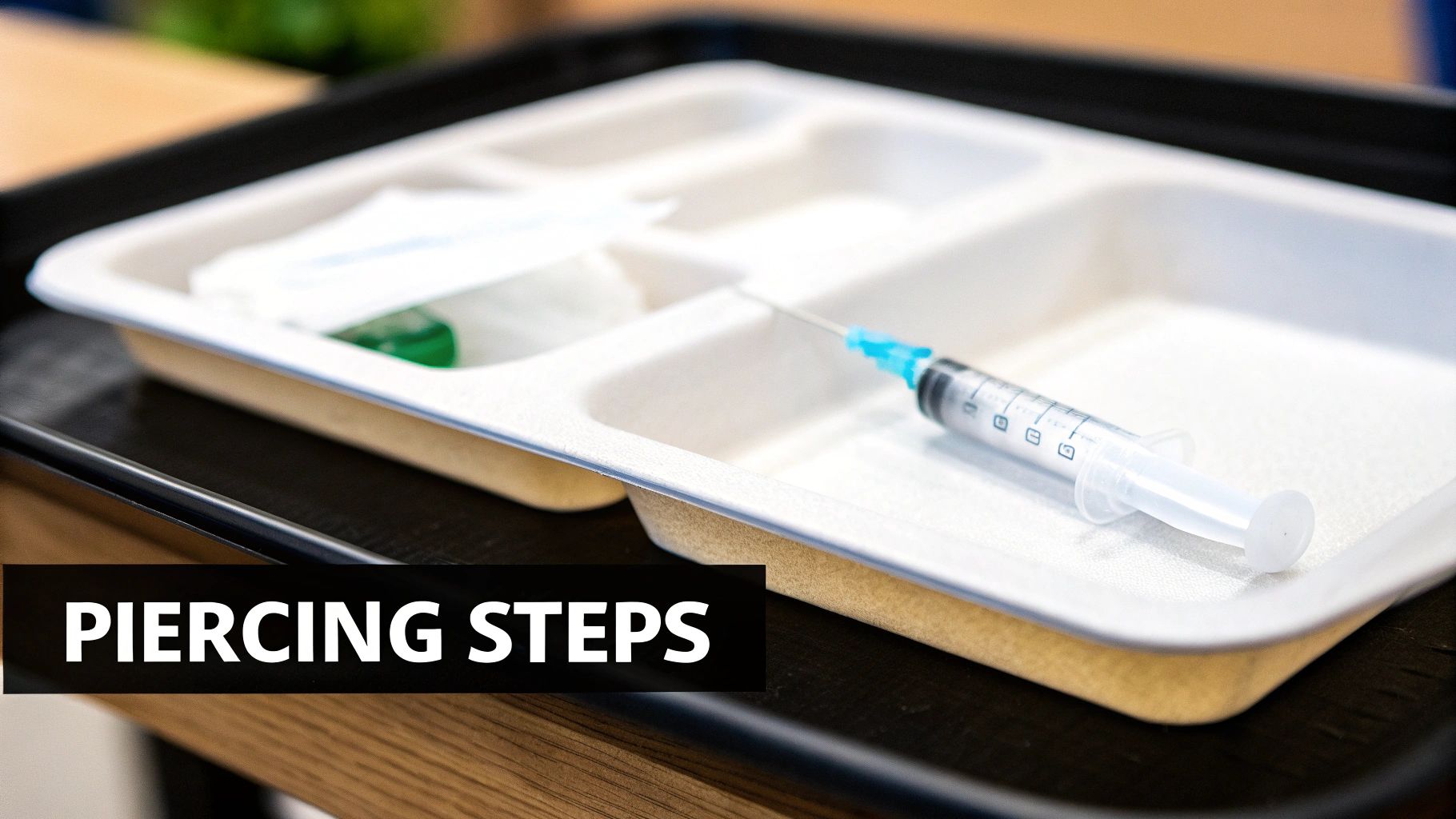 A close-up of a white medical tray with a syringe, gauze, and supplies for a piercing procedure.