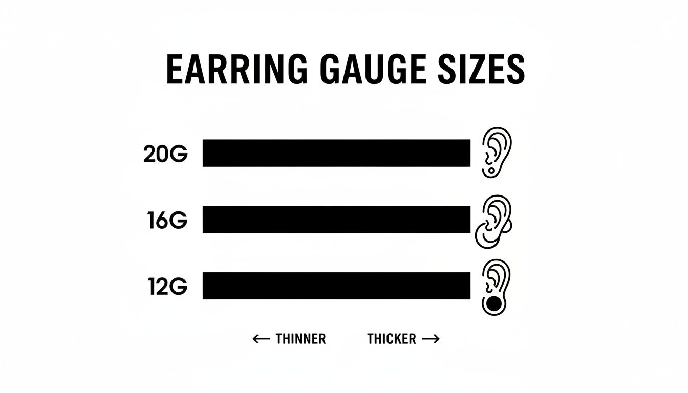 An earring gauge size chart showing 20G (thinnest), 16G, and 12G (thickest) for ear piercings.