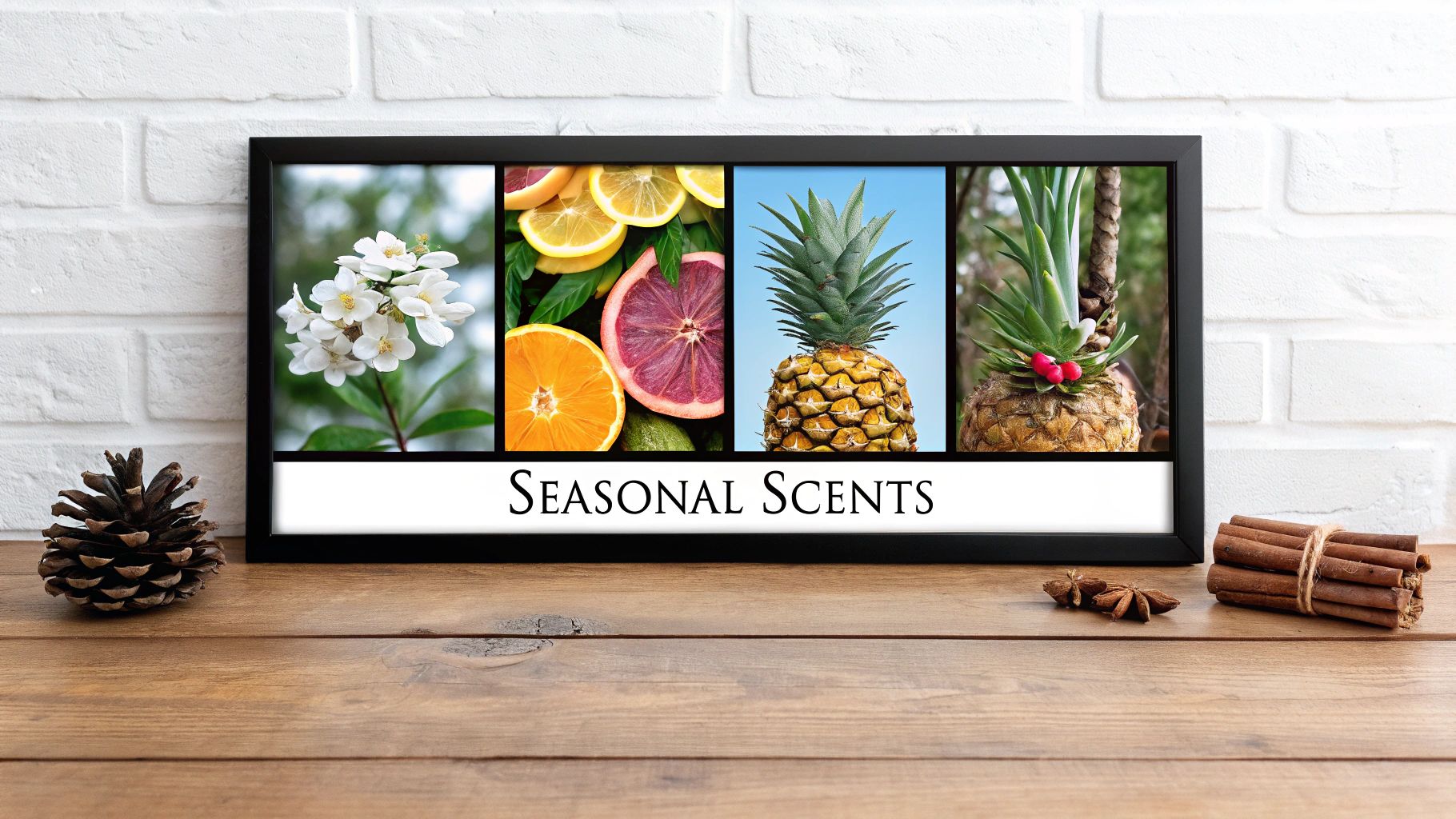 A framed collage with white flowers, citrus fruits, pineapples, with a pinecone and spices on a wooden table.