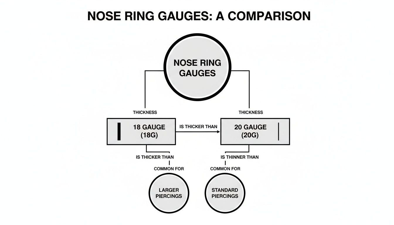 Comparison chart detailing nose ring gauges, showing 18G is thicker than 20G and their uses.