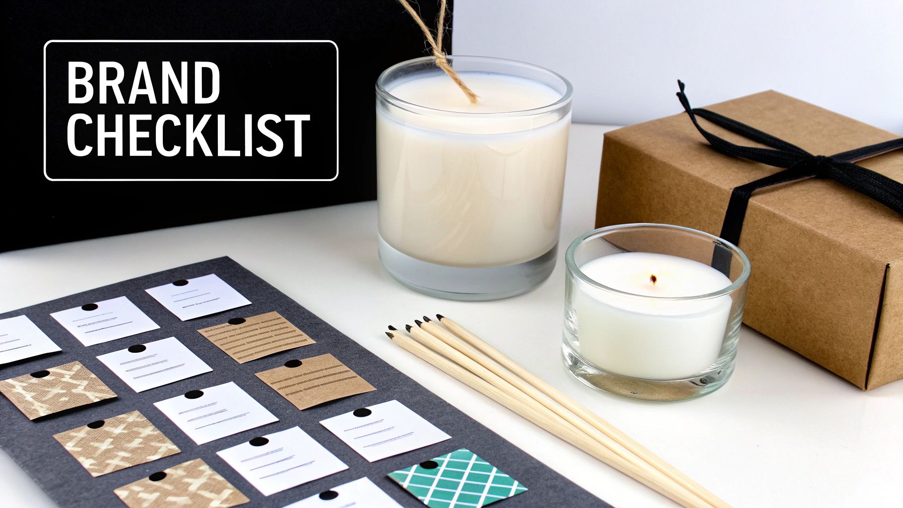 A black sign reading 'BRAND CHECKLIST', with candles, a gift box, and notes on a board.