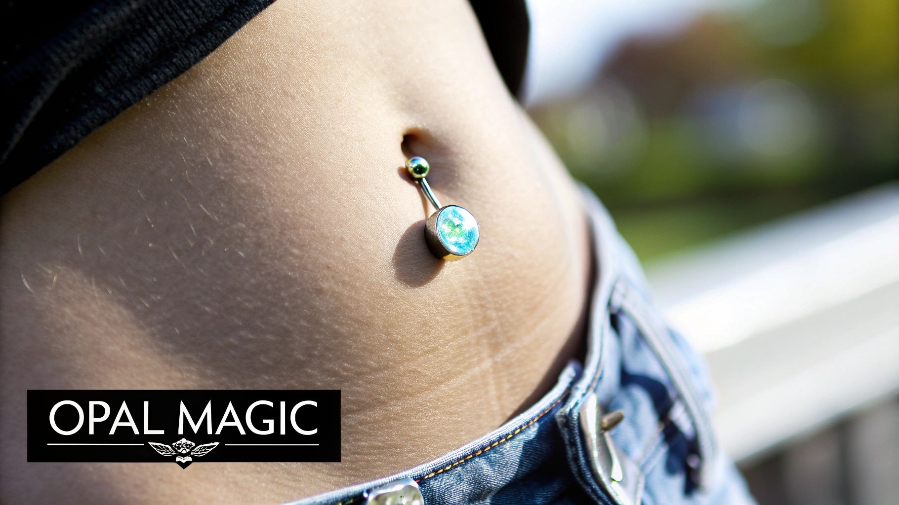 A person's torso showcasing a shimmering blue-green opal belly button ring and skin texture.