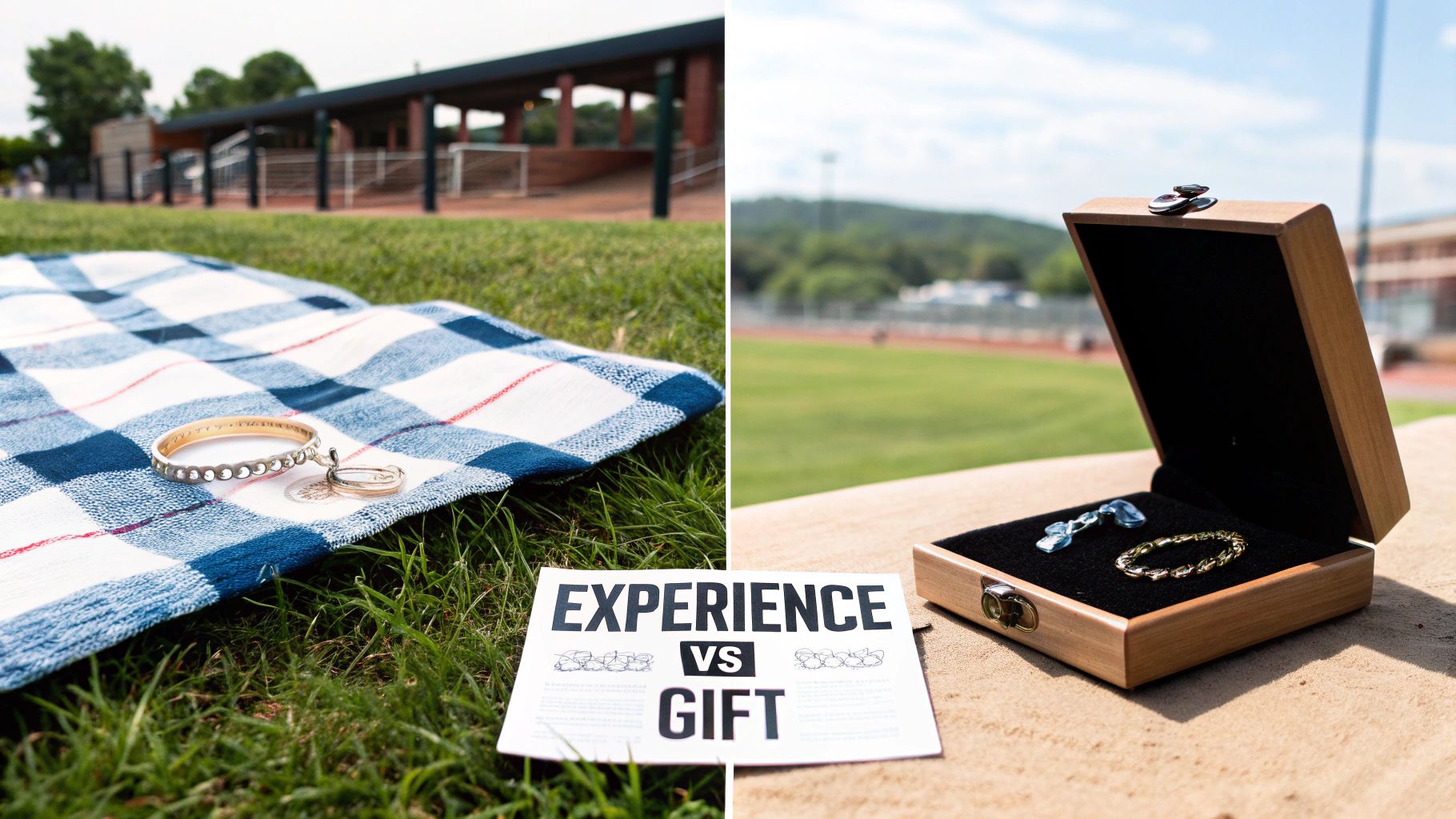 A split image contrasting gift ideas: jewelry on a picnic blanket and in a box, with a 'EXPERIENCE VS GIFT' sign.