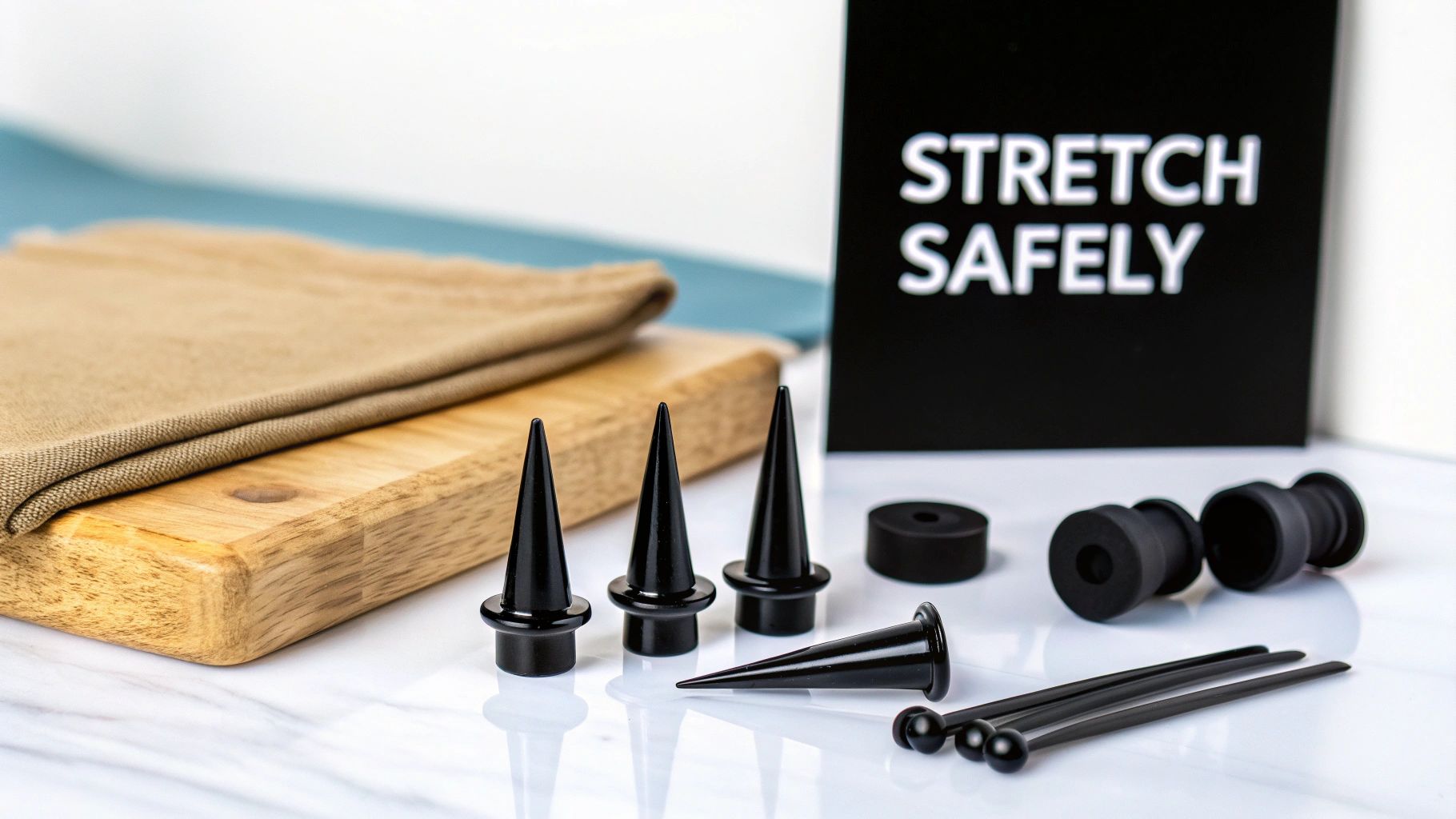 Various black ear stretching tools like tapers and tunnels on a marble surface, next to a 'STRETCH SAFELY' sign.