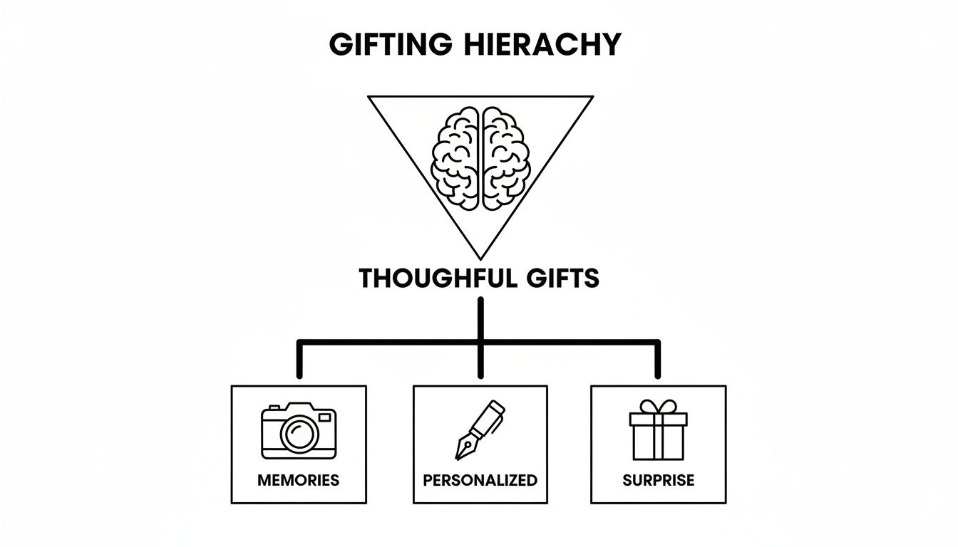 Diagram showing a gifting hierarchy with thoughtful gifts divided into memories, personalized, and surprise.