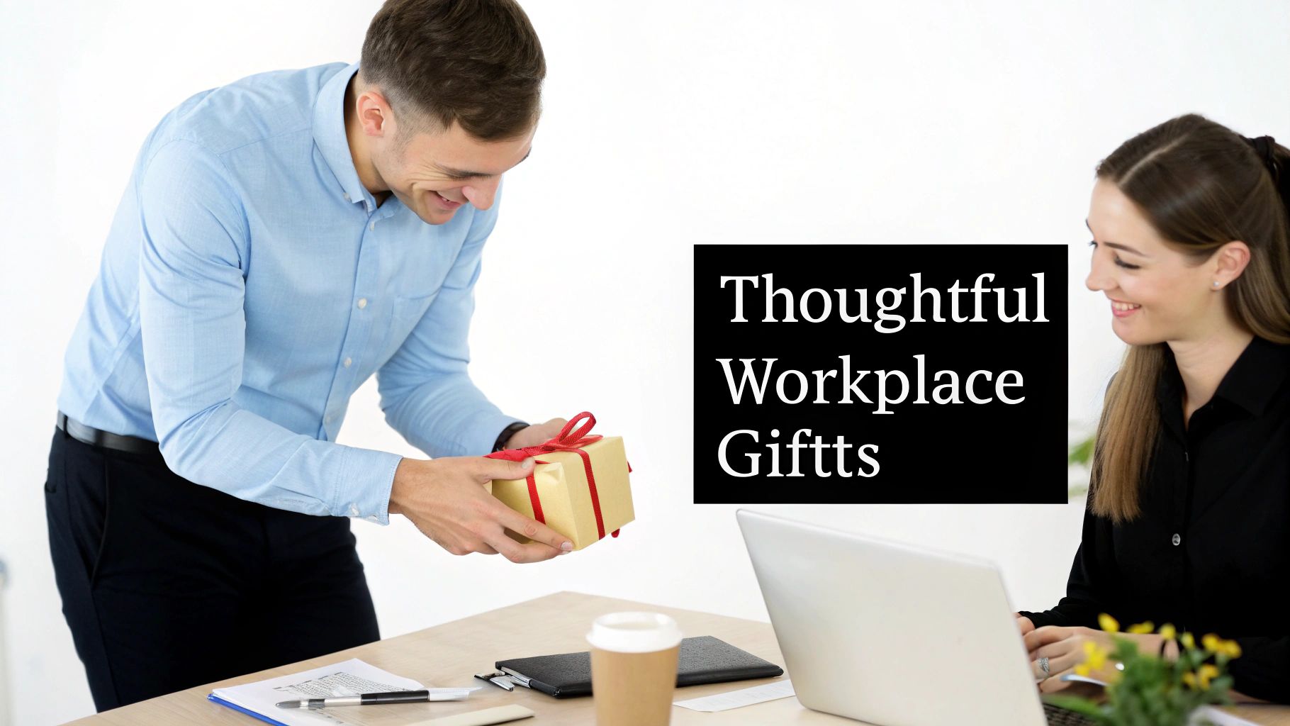 A man in a blue shirt presents a gold wrapped gift with a red ribbon to a smiling woman at her office desk.