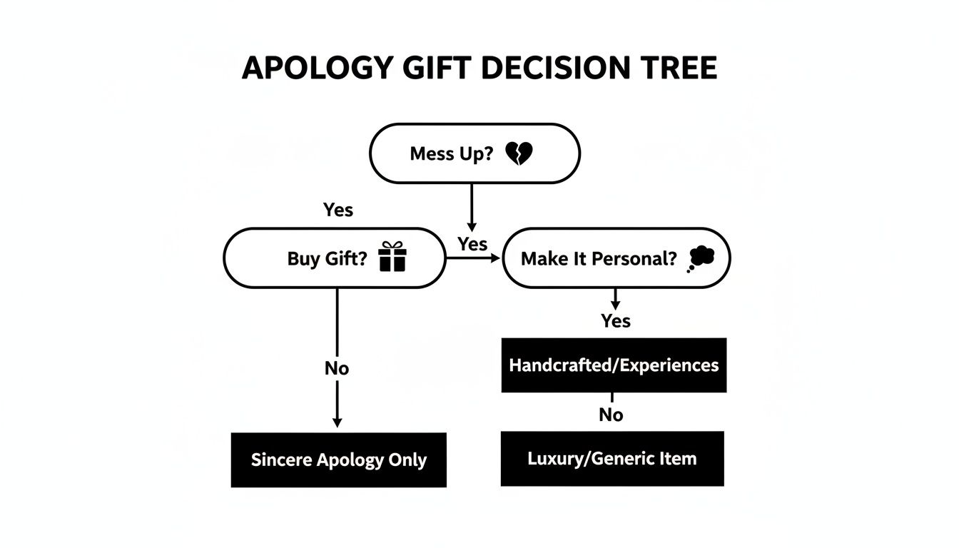 Apology gift decision tree flowchart outlining choices from sincere apology to personalized or generic gifts.