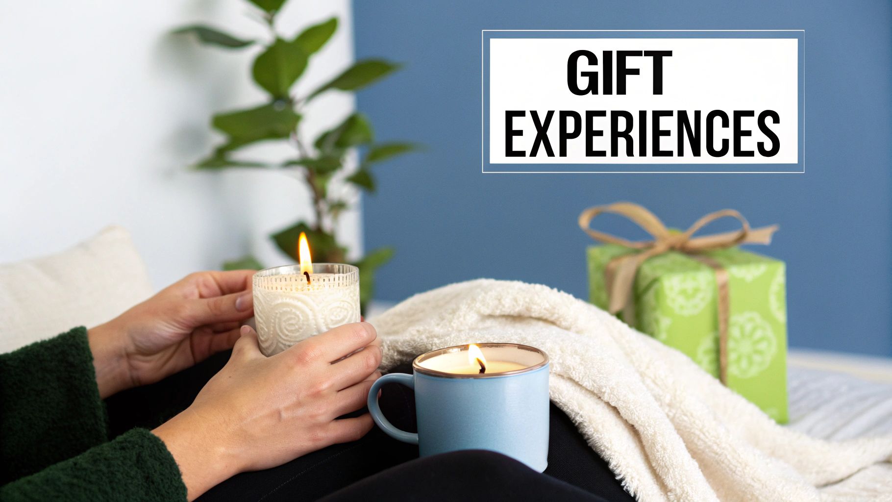 A person's hands hold a lit candle, with another candle, a cozy towel, and a wrapped gift, with text 'GIFT EXPERIENCES'.