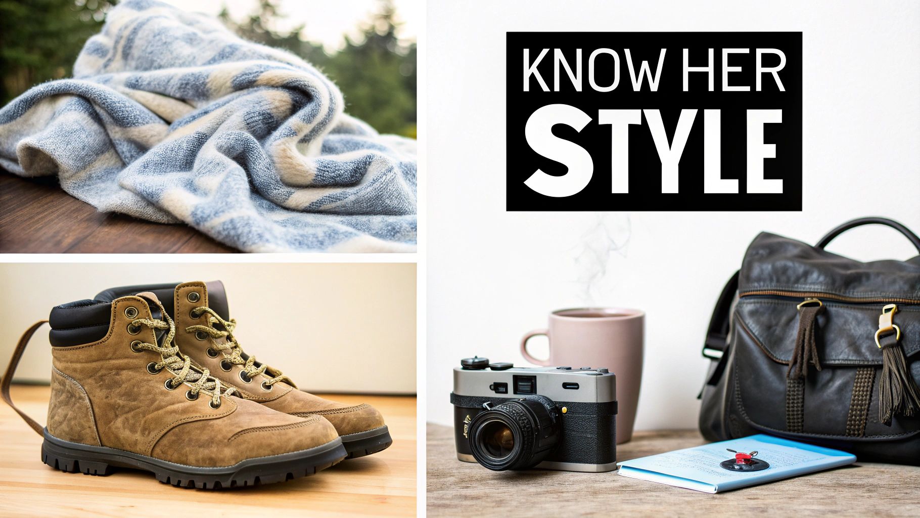 Thoughtful gift ideas for a woman, including a cozy blanket, hiking boots, vintage camera, and bag with 'KNOW HER STYLE' text.