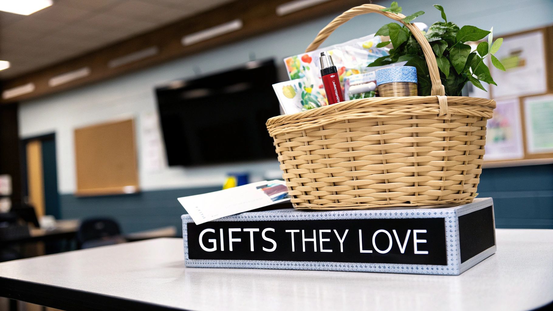 A teacher smiling while receiving a thoughtful gift from a student.