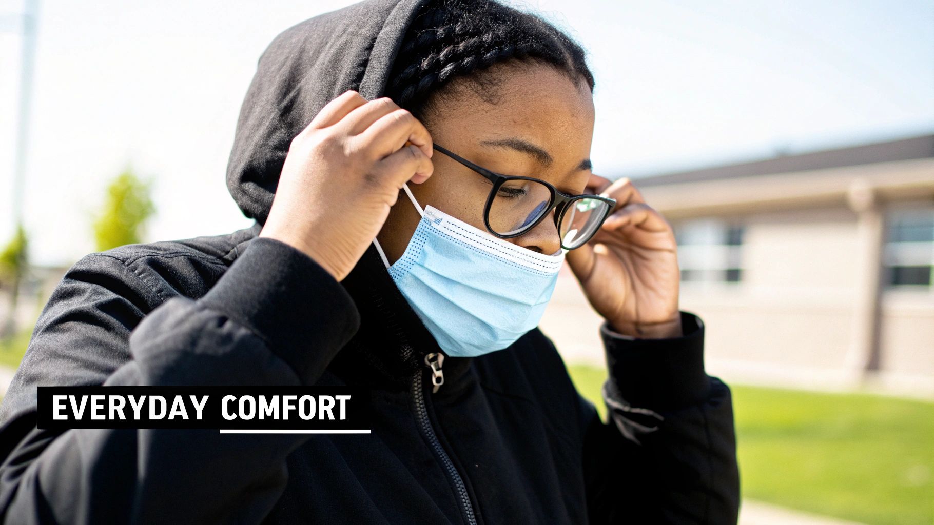 A person in a black hoodie and glasses adjusts a blue medical mask over their face outdoors.