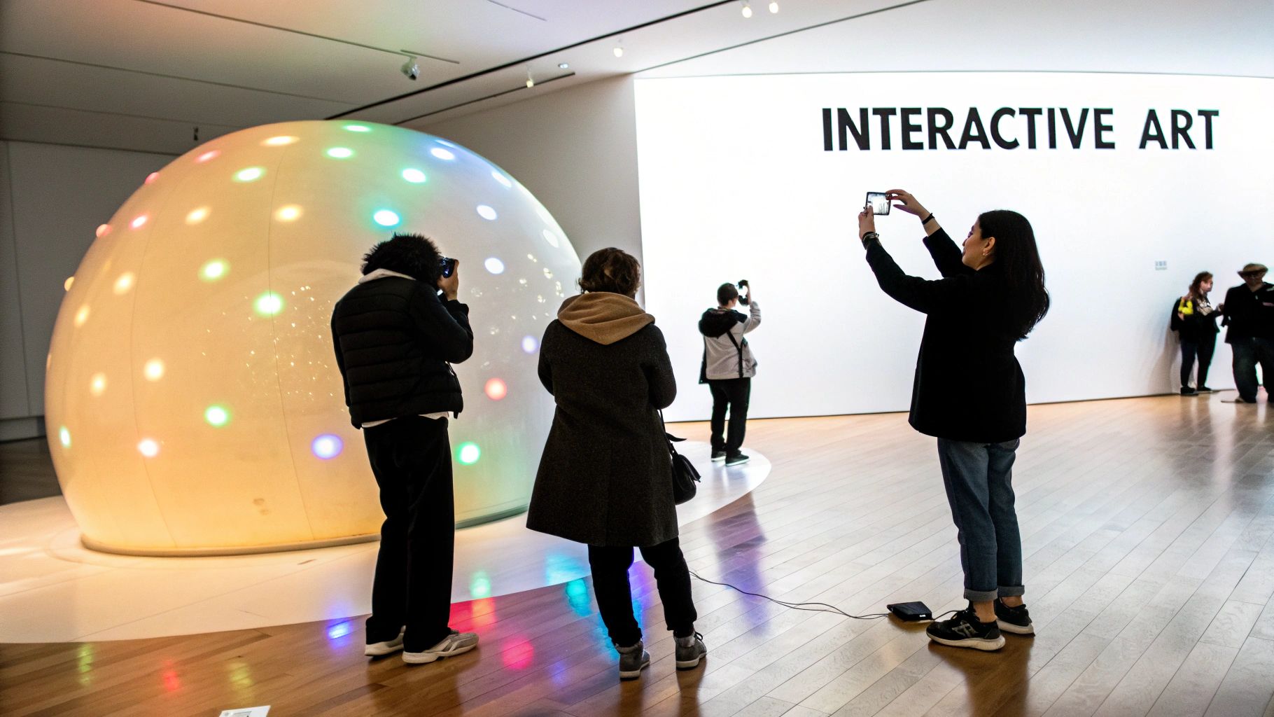 People in a modern art gallery taking photos of a glowing spherical art installation and an 'INTERACTIVE ART' sign.