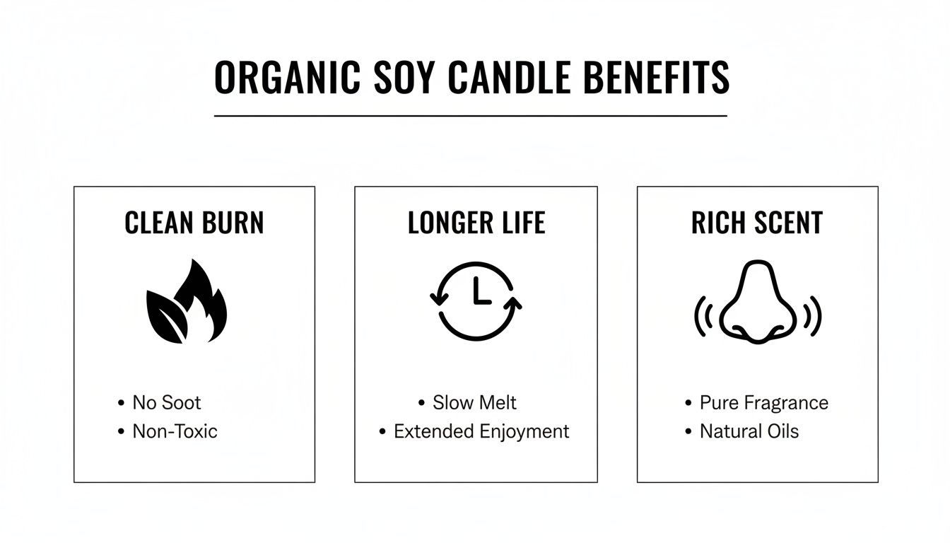 Infographic showing organic soy candle benefits: clean burn, longer life, and rich scent.