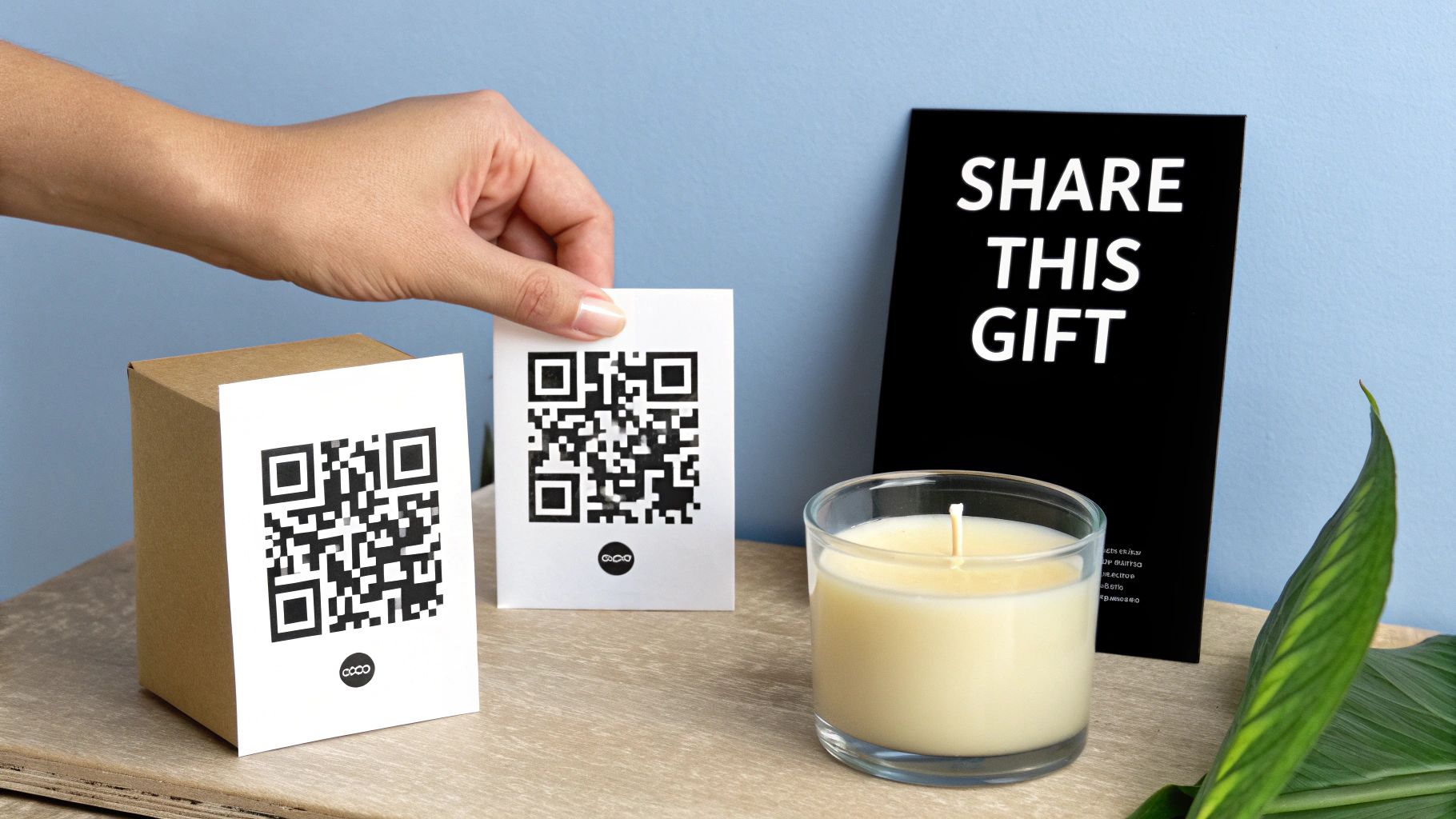 A hand holds a QR code card next to a gift box, candle, and a 'Share This Gift' sign.