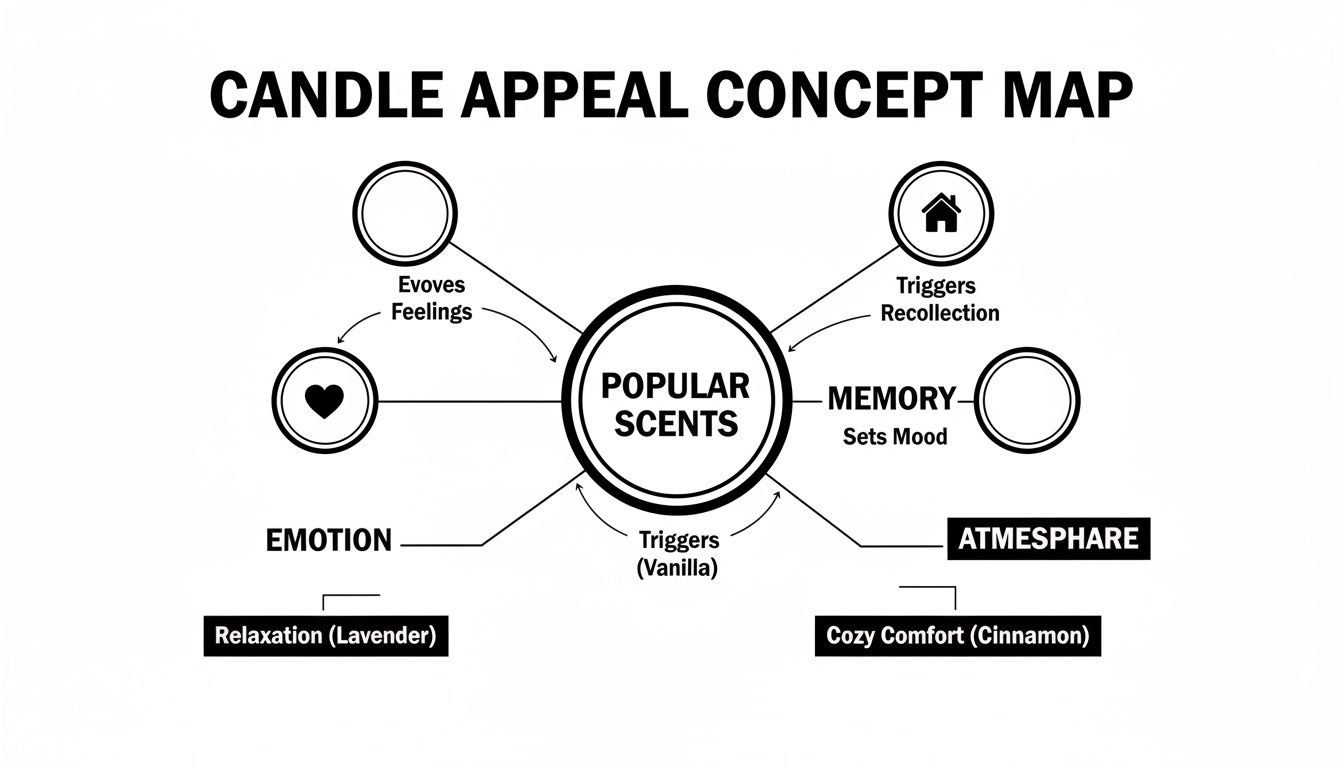 Concept map illustrating the appeal of popular candle scents, linking them to emotion, memory, and atmosphere.