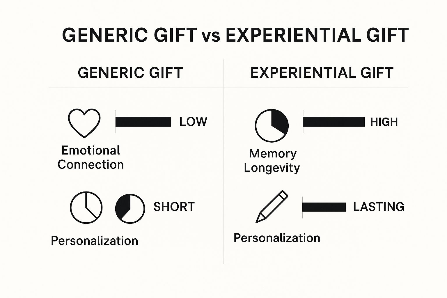 Infographic comparing generic vs. experiential gifts on emotional connection, memory longevity, and personalization.