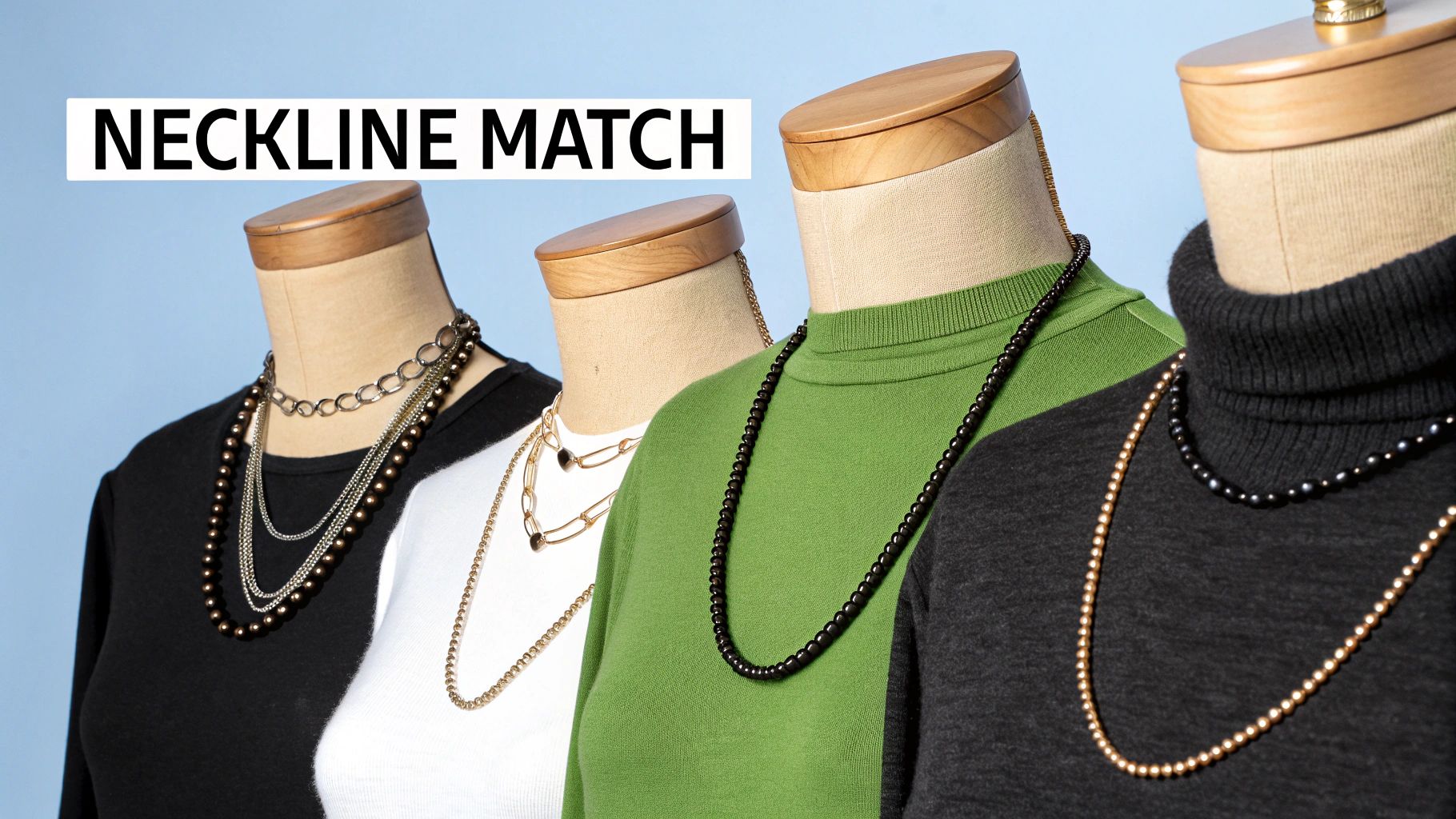 A woman wearing a layered necklace stack that perfectly complements her V-neck top.