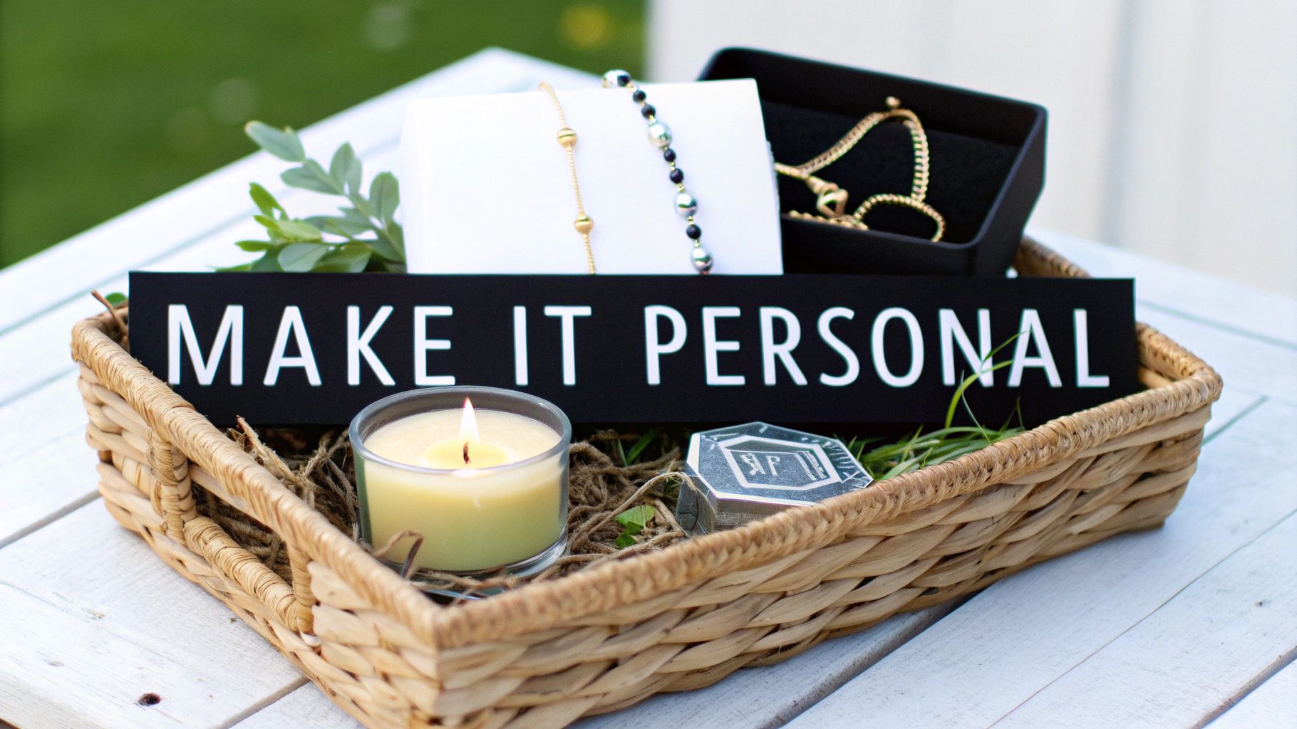 A close-up of a woven gift basket with a 'MAKE IT PERSONAL' sign, candle, and delicate jewelry.