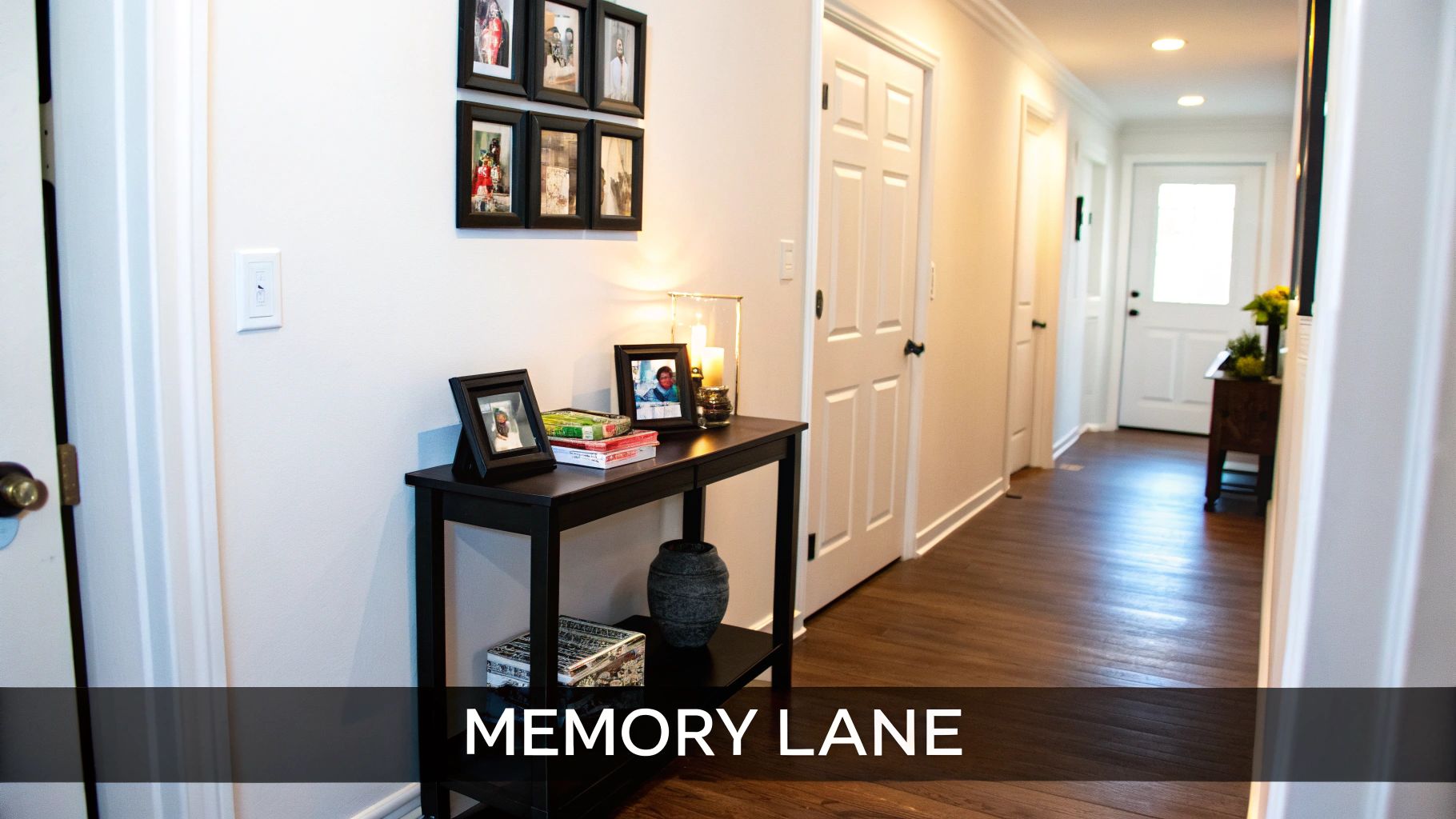 Long home hallway with dark wood floors, white doors, and a console table displaying family photos.