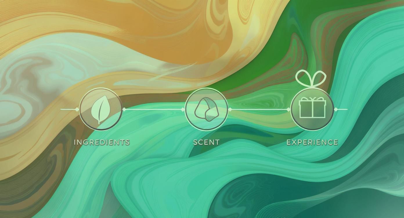 Visual flow of three circles depicting ingredients, scent, and experience for luxury bath products.