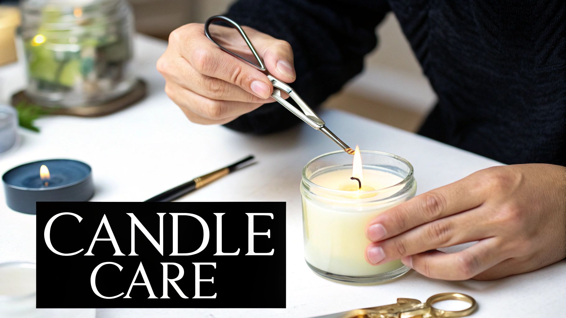 A person carefully trims the wick of a burning candle in a glass jar for proper candle care.