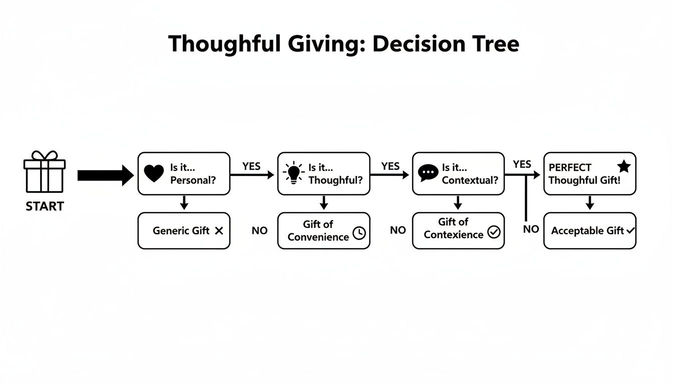 A decision tree diagram illustrating criteria for thoughtful gift-giving, leading to various gift outcomes.